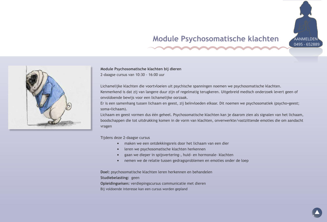 Module Psychosomatische klachten bij dieren 2-daagse cursus van 10:30 - 16:00 uur Lichamelijke klachten die voortvloeien uit psychische spanningen noemen we psychosomatische klachten.  Kenmerkend is dat zij van langere duur zijn of regelmatig terugkeren. Uitgebreid medisch onderzoek levert geen of onvoldoende bewijs voor een lichamelijke oorzaak. Er is een samenhang tussen lichaam en geest, zij beïnvloeden elkaar. Dit noemen we psychosomatiek (psycho=geest; soma=lichaam). Lichaam en geest vormen dus één geheel. Psychosomatische klachten kan je daarom zien als signalen van het lichaam, boodschappen die tot uitdrukking komen in de vorm van klachten, onverwerkte/vastzittende emoties die om aandacht vragen  Tijdens deze 2-daagse cursus •	maken we een ontdekkingsreis door het lichaam van een dier •	leren we psychosomatische klachten herkennen •	gaan we dieper in spijsvertering-, huid- en hormonale- klachten •	nemen we de relatie tussen gedragsproblemen en emoties onder de loep  Doel: psychosomatische klachten leren herkennen en behandelen Studiebelasting:  geen Opleidingseisen: verdiepingscursus communicatie met dieren Bij voldoende interesse kan een cursus worden gepland Module Psychosomatische klachten