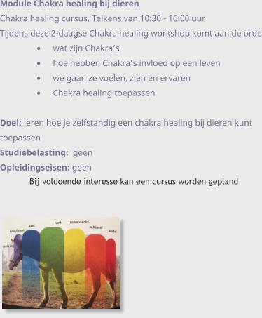Module Chakra healing bij dieren Chakra healing cursus. Telkens van 10:30 - 16:00 uur Tijdens deze 2-daagse Chakra healing workshop komt aan de orde •	wat zijn Chakra’s •	hoe hebben Chakra’s invloed op een leven •	we gaan ze voelen, zien en ervaren •	Chakra healing toepassen  Doel: leren hoe je zelfstandig een chakra healing bij dieren kunt toepassen Studiebelasting:  geen Opleidingseisen: geen Bij voldoende interesse kan een cursus worden gepland